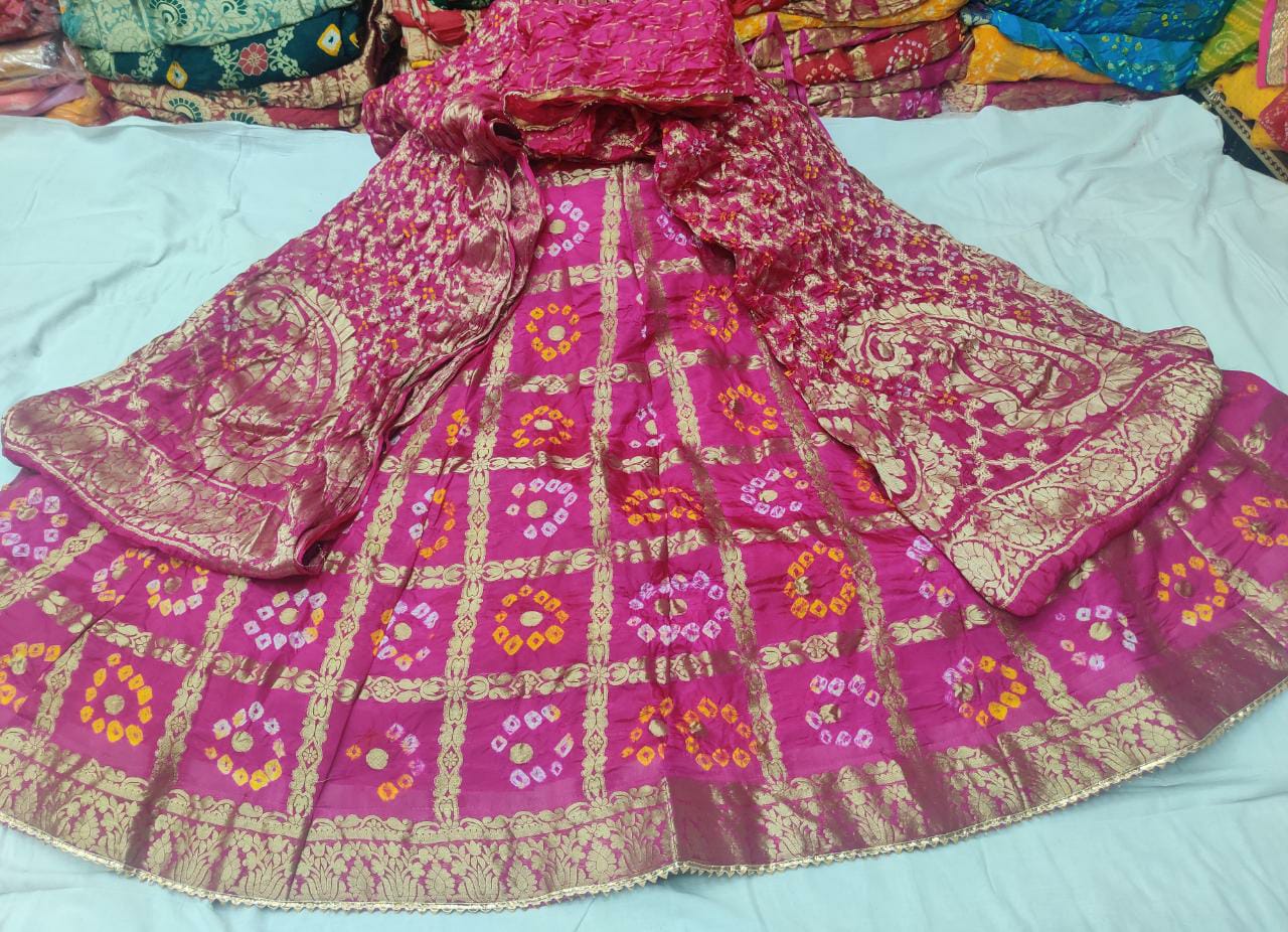 Banarasi Gharchola Silk Lehenga Set with Bandhani Design, Zari Blouse, and Dupatta – Stitched with Touch Aster