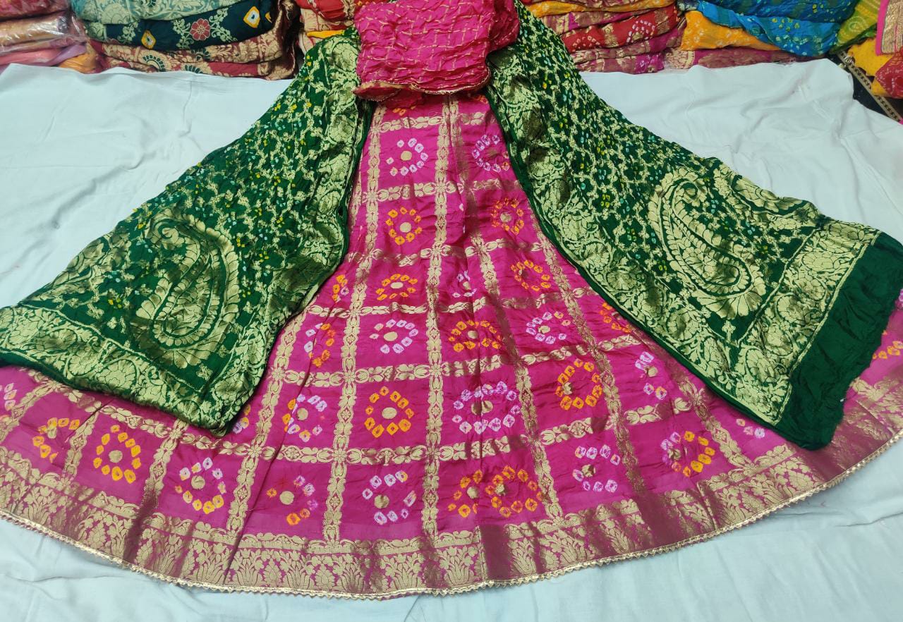 Banarasi Gharchola Silk Lehenga Set with Bandhani Design, Zari Blouse, and Dupatta – Stitched with Touch Aster