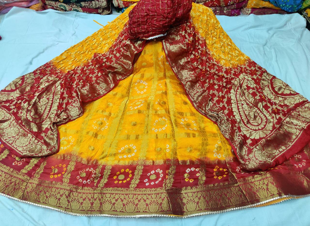 Banarasi Gharchola Silk Lehenga Set with Bandhani Design, Zari Blouse, and Dupatta – Stitched with Touch Aster