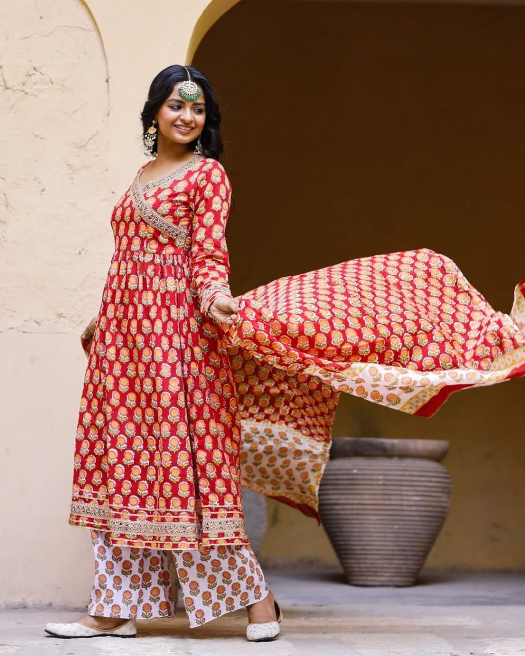 Hand Block Printed Cotton Pakistani Suit with Gota Lace Work, Pant, and Dupatta Set