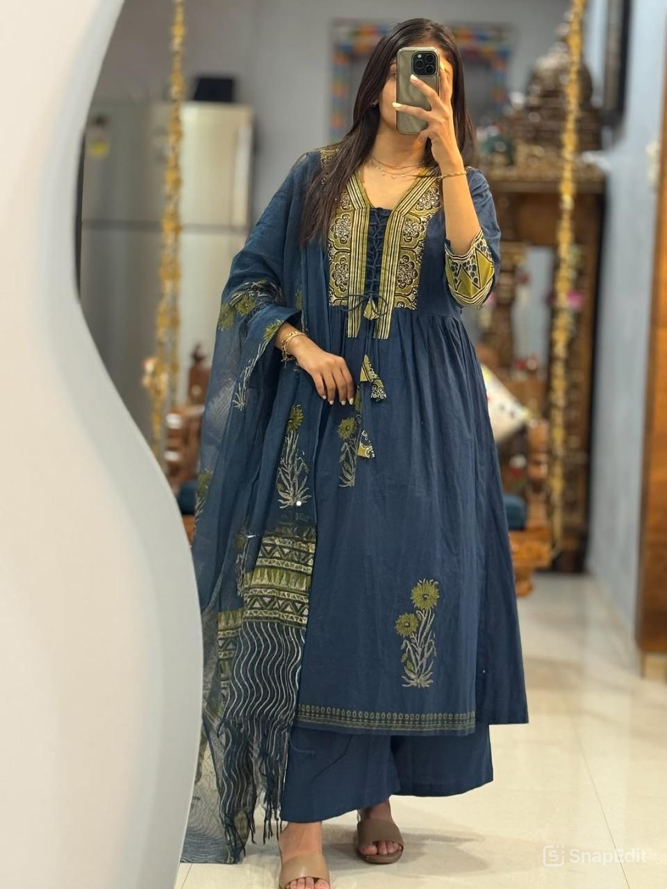 Cotton Anarkali Suit Set with Tappa Print & Kota Doria Dupatta