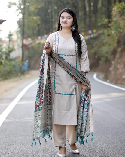 Handloom Cotton Kurta Pant and Ikat Print Dupatta Set with Resham Embroidery