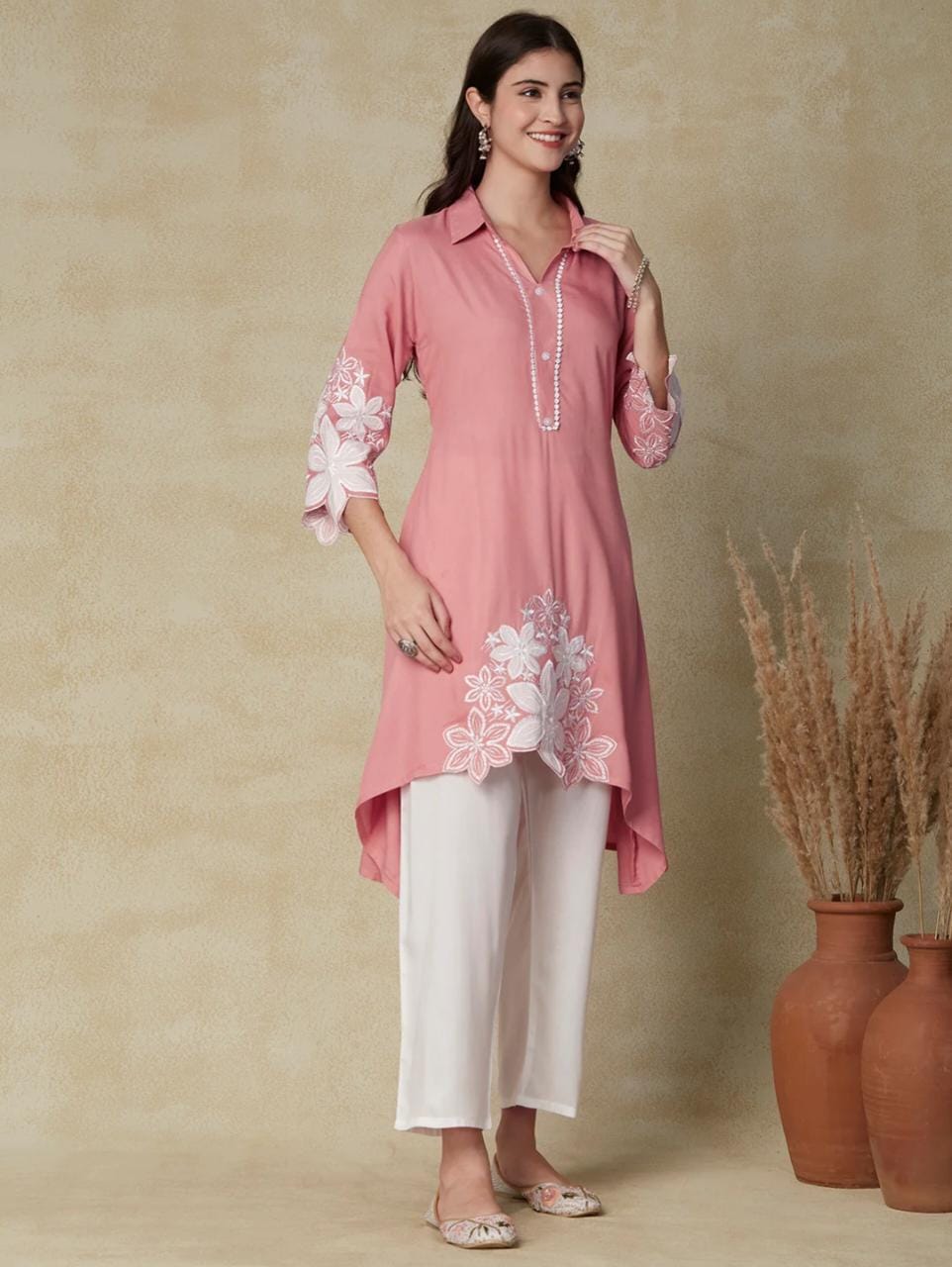 Rayon Kurti Set with Hand Embroidery and Lace Detailing