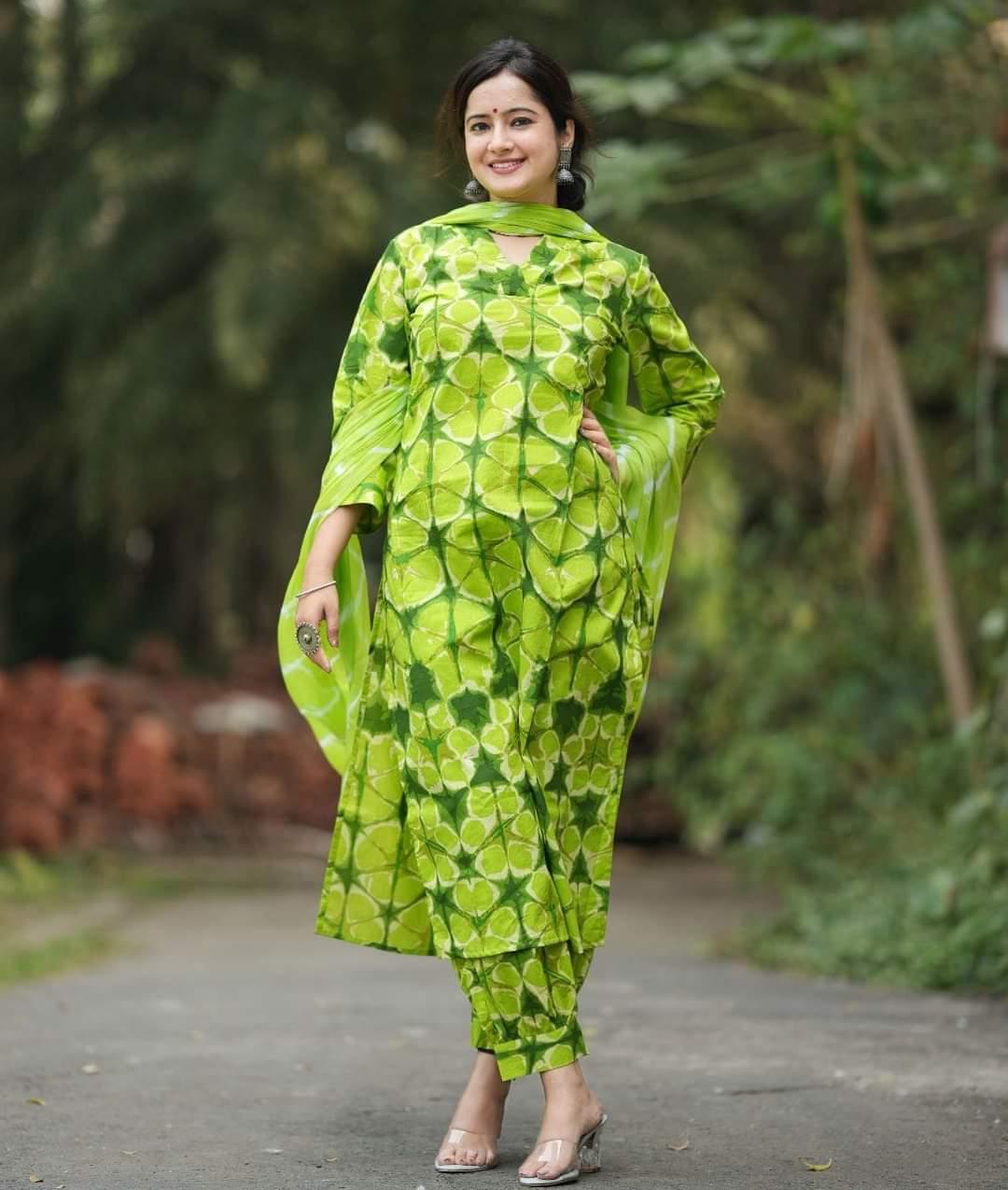 Green Cotton Kurti Set with Leheriya Dupatta