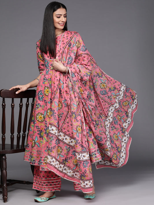 Cotton Anarkali Suit with Proceen Print, Gota Work, and Printed Dupatta