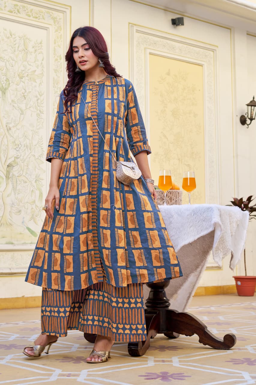 Mustard Cotton Kurta with Palazzo Set | 3/4 Sleeves
