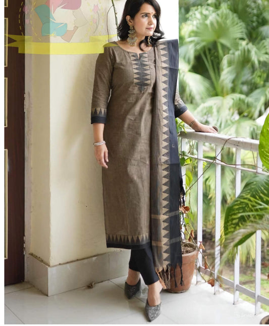 South Cotton Handloom Kurti Set with Temple Border, Pant, and Dupatta