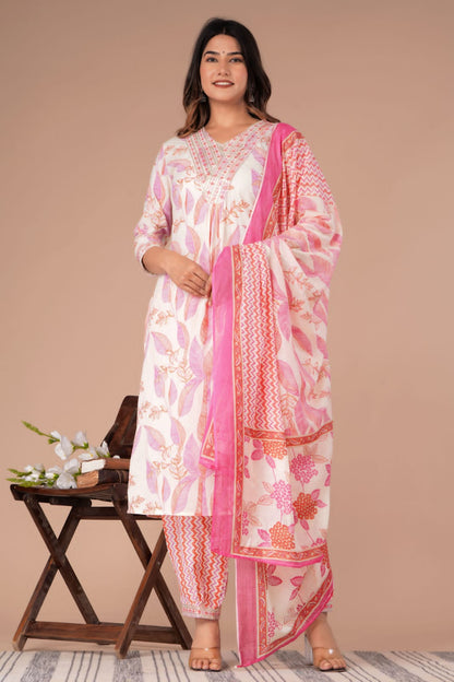 White-Pink Floral Afghani Suit Set with Embroidery