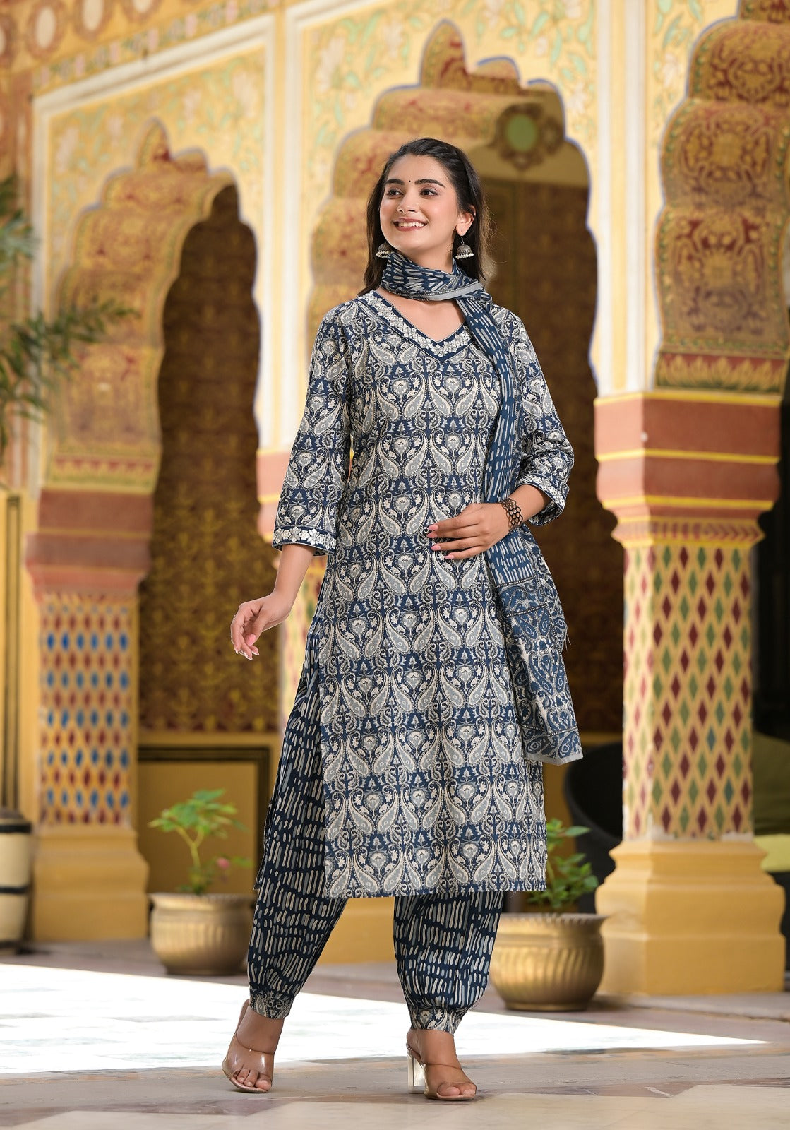 Cotton Suit Set with Embroidered Neck Kurti and Afghani Pant