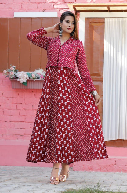 Maroon Procion Print Long Gown with Jacket Set