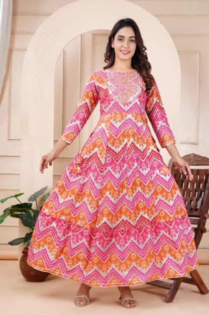 Bandhani Print Rayon Gown with Embroidery and Gota Work - Full Flair, 50" Length