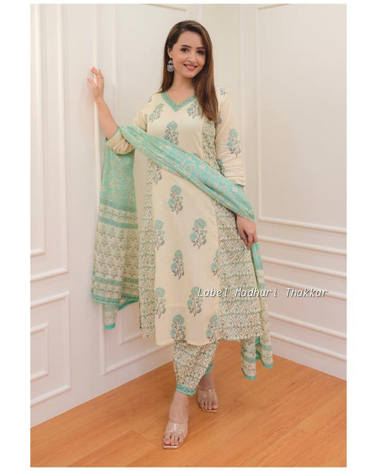 Green Floral Afghani Suit Set with Cotton Fabric - Top, Bottom & Dupatta