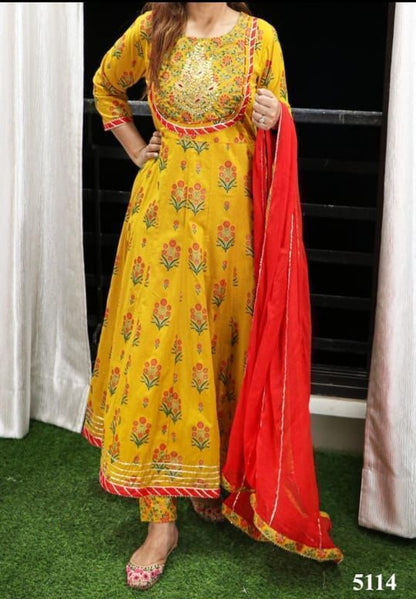 Exquisite Handcrafted Anarkali Kurti Set in Yellow with Intricate Gotta Detailing