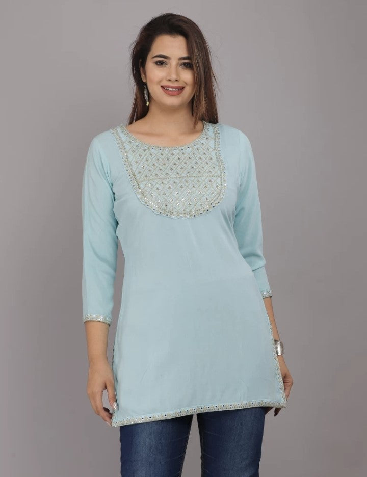 Sky Blue Embroidered Top with Side Cut and Half Sleeves