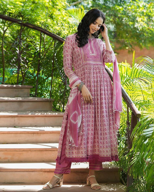 Nayra Cut Pink Cotton Kurti Pant Dupatta Set with Embroidery and Lace Detailing