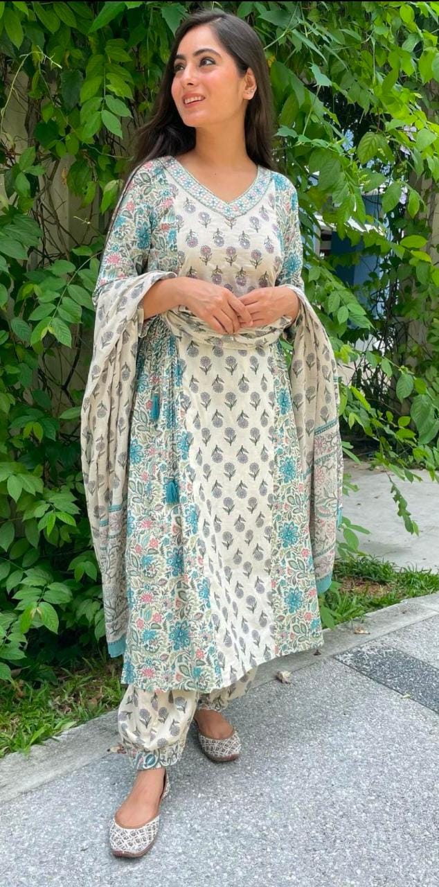Women's Lahori White and Blue Afghani Suit set Online – Ombray