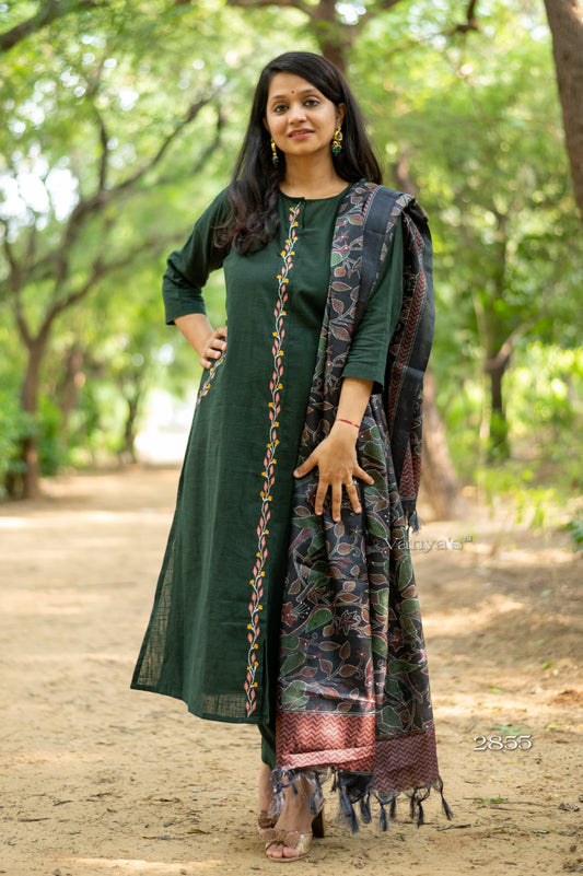 Handloom Cotton A-line Suit Set with Khadi Silk Dupatta