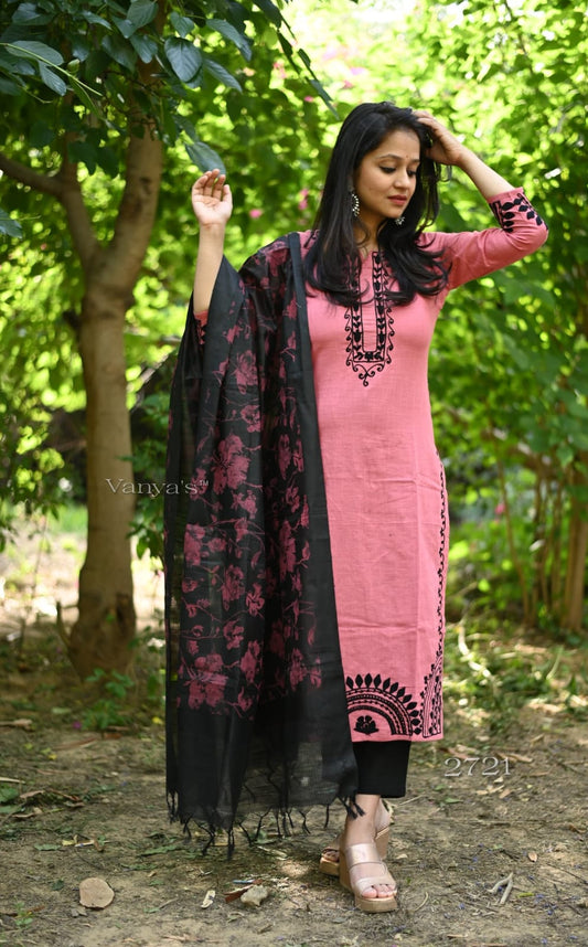 Handloom Cotton Kurta Pant Set with Aari Work Embroidery and Digital Printed Chanderi Dupatta