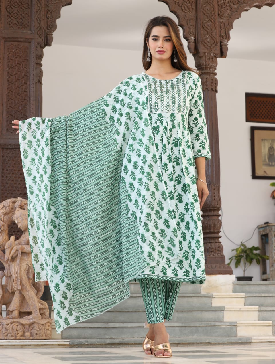Nayra Cut Kurti Pant With Dupatta Set - Cotton 60*60 Fabric With Mirror Embroidery Work