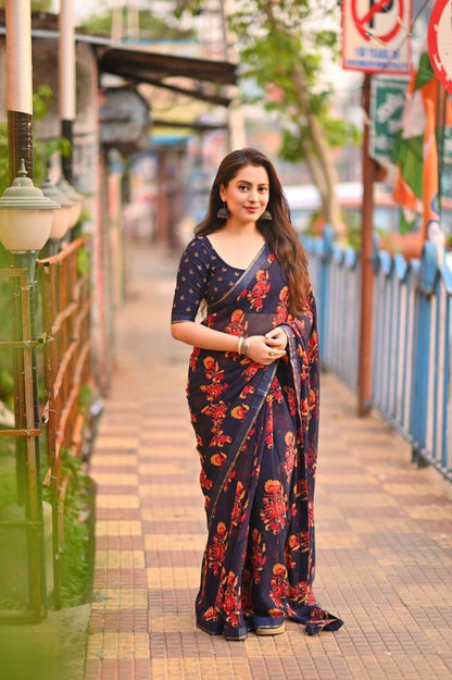 Navy Blue Georgette Saree with Multicolor Floral Prints