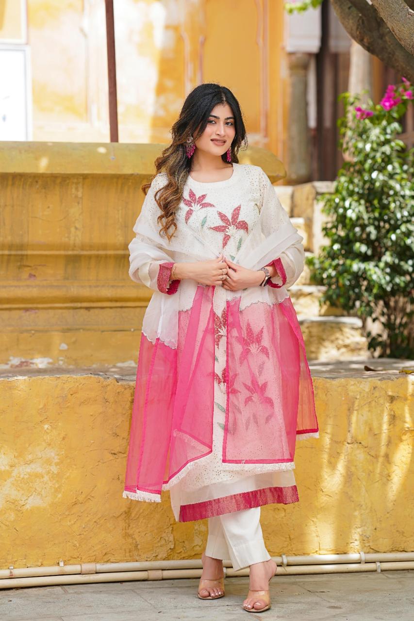 Cotton Shifley A-Line Kurta Set with Lining, Pant & Organza Dupatta