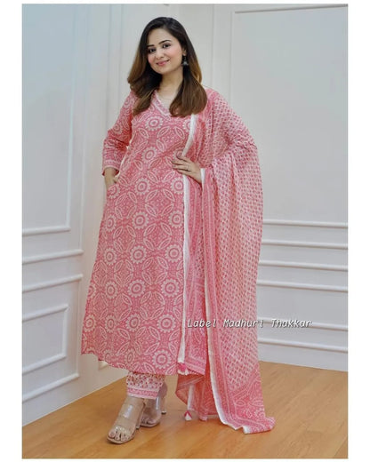 Pink Sanganeri Block Print Flared Suit with Afghani Pant and Adda Work Detailing