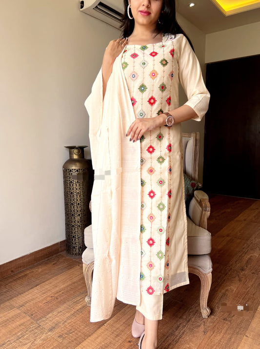 Cream Colored Cotton Embroidered Suit Set with Self-Zari Dupatta