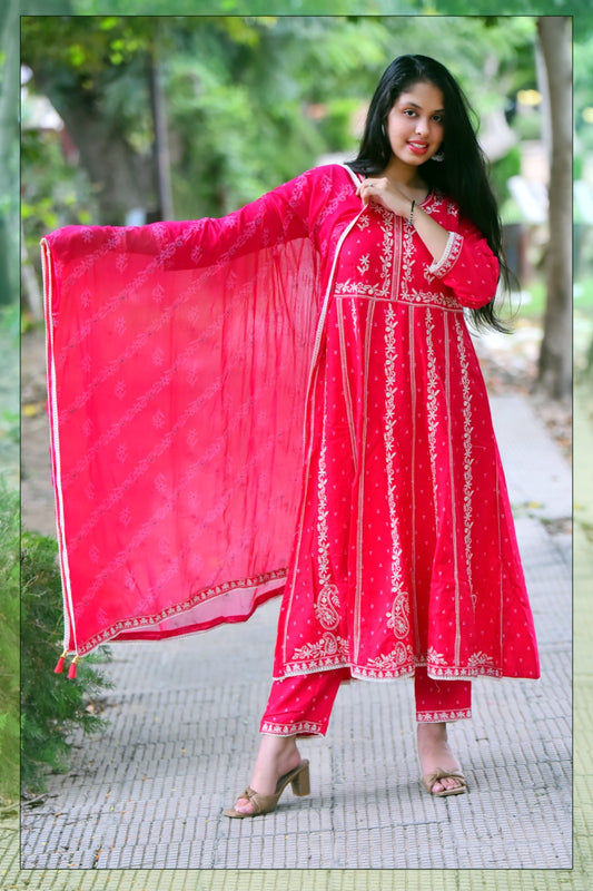 Rayon Embroidered Gown Suit with Pant Set
