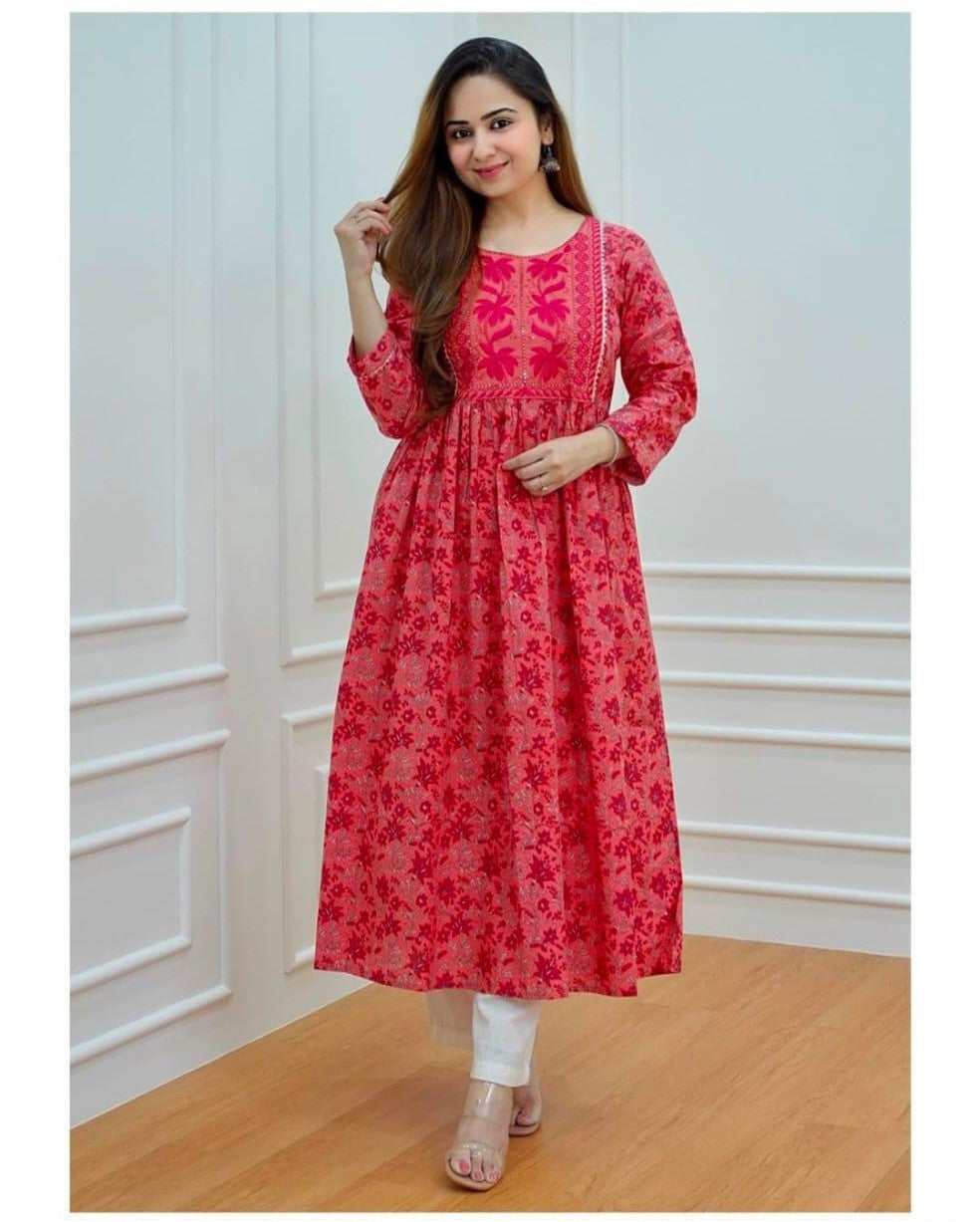 Elegant Red Cotton Anarkali Kurti Set with Exquisite Embroidery