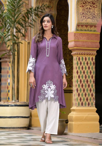 Rayon Kurti Set with Hand Embroidery and Lace Detailing