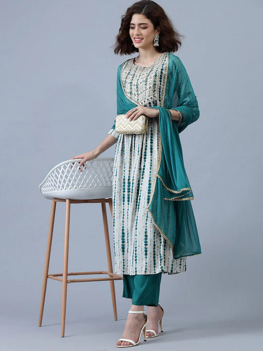 Turquoise Blue Rayon Thread Work Kurti Set with Trouser and Dupatta