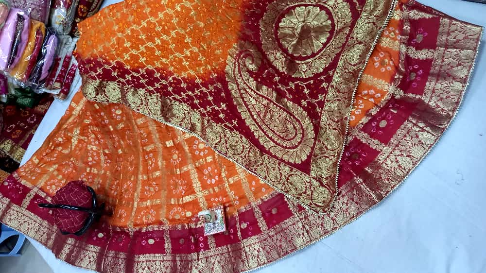 Banarasi Gharchola Silk Lehenga Set with Bandhani Design, Zari Blouse, and Dupatta – Stitched with Touch Aster