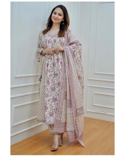 Lilac Ivory Floral Afghani Suit Set: Embroidery and Pintex Detailing