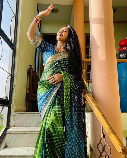 Georgette Zari Saree with Jaipuri Box Dye and Matching Blouse