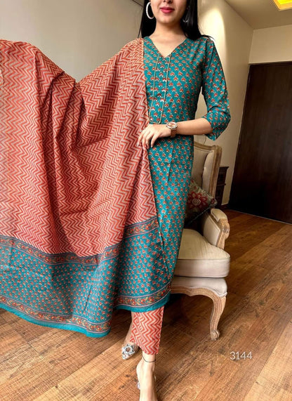 Women's 3-Piece Cotton Suit with Printed Mulmul Dupatta and Sequined Yoke