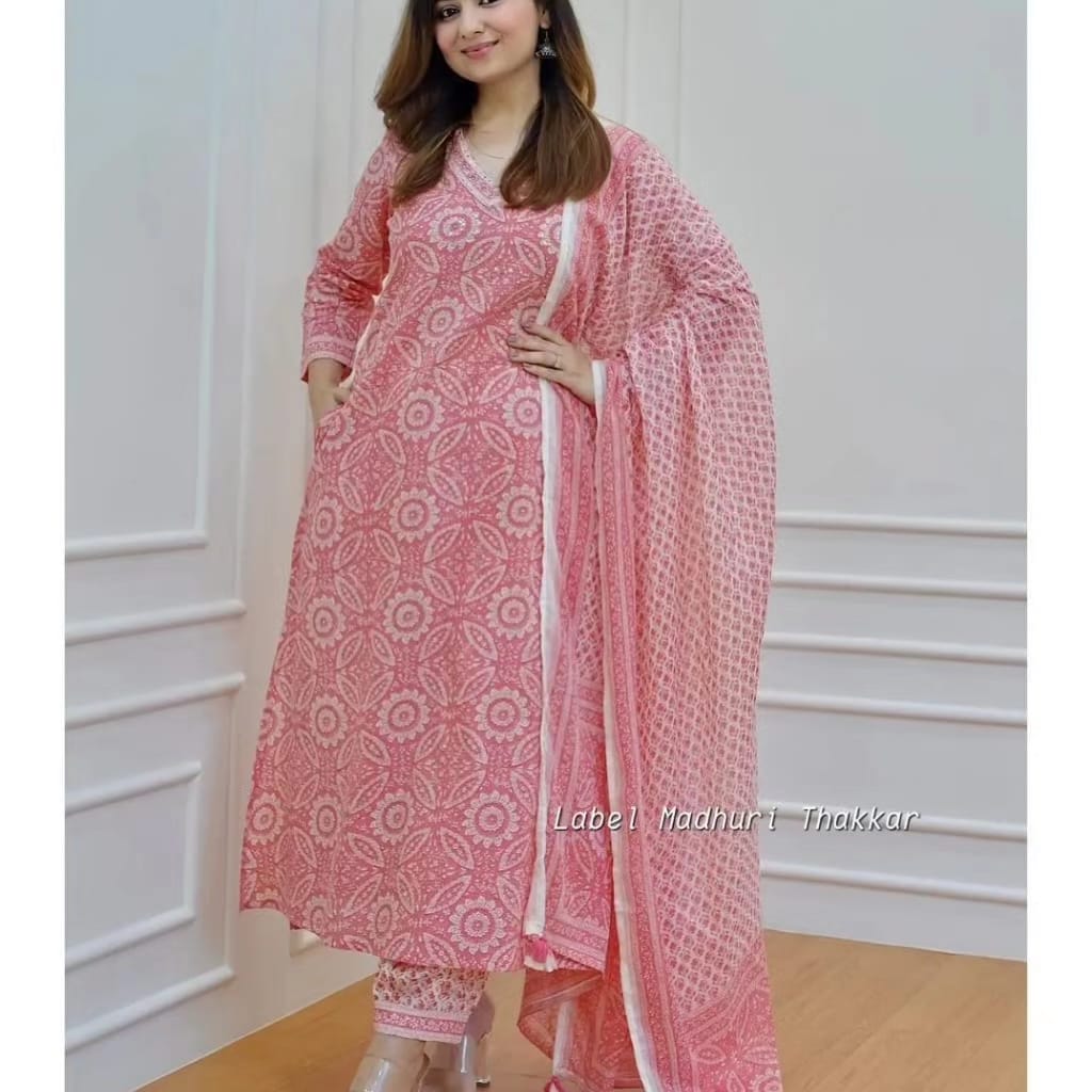 Pink Cotton Flared Suit with Sanganeri Block Print