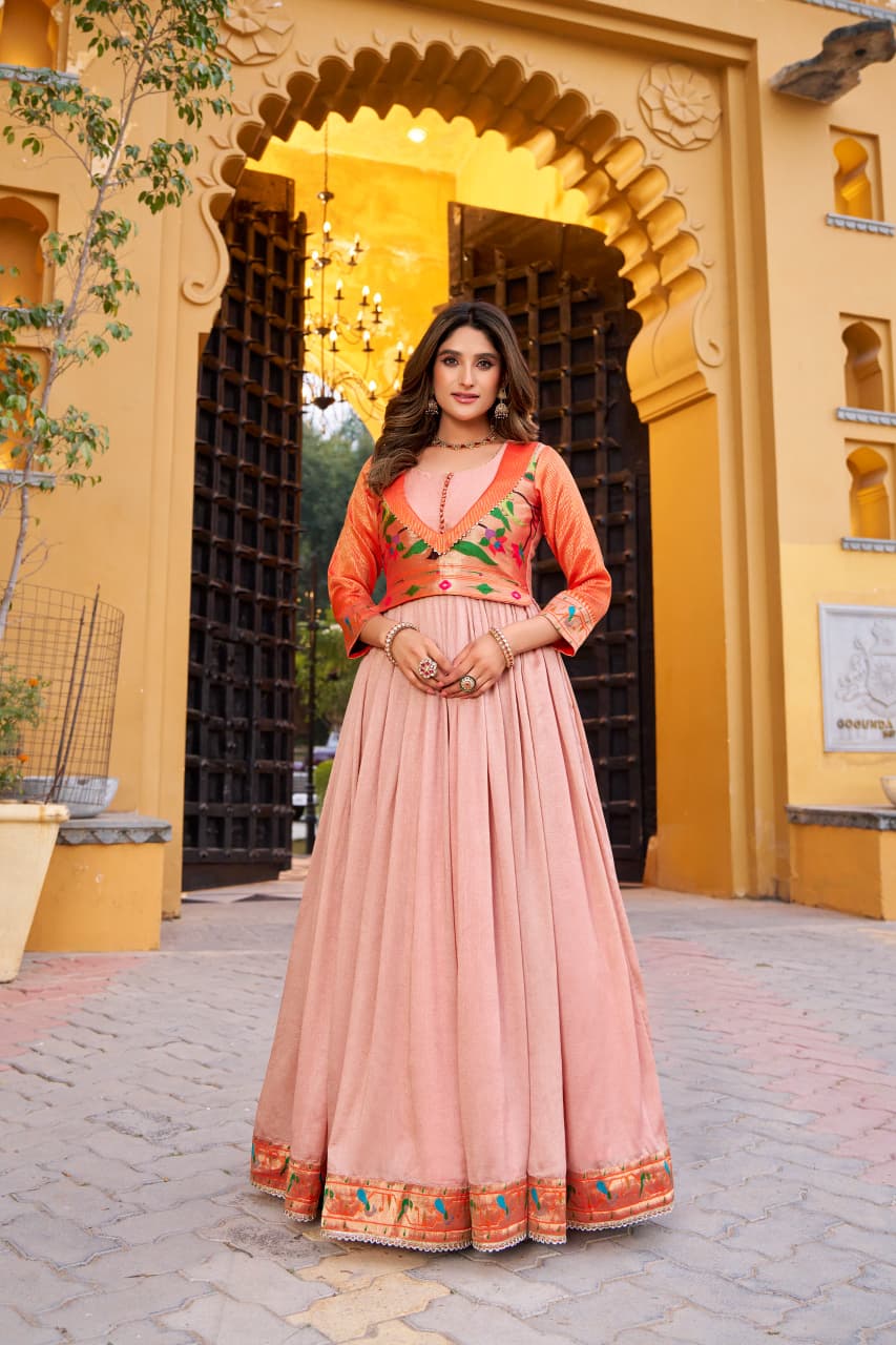 Vichitra Silk Flared Gown with Zari Weaving & Lace Work