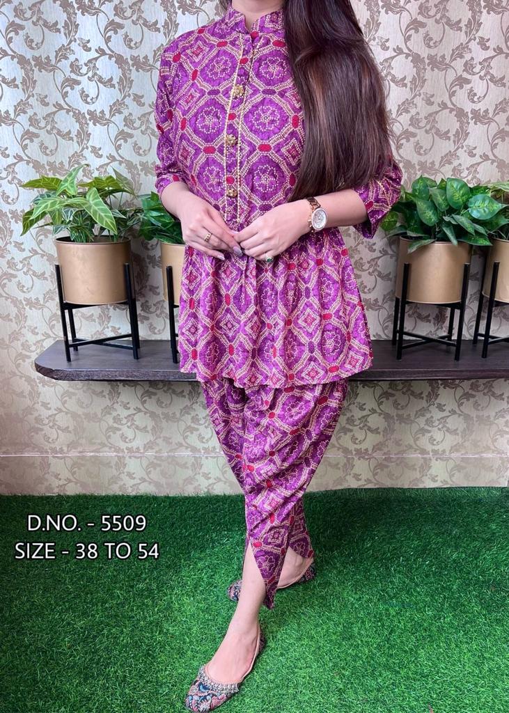 Rayon Kurti with Metal Buttons and Gotta Detailing, Paired with Rayon Tulip Dhoti Set
