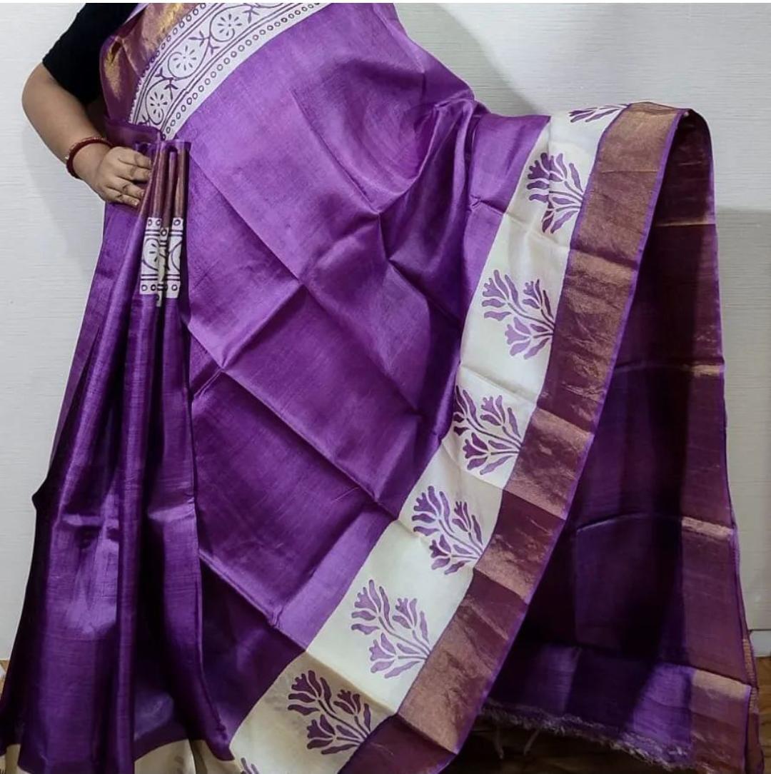 Handloom Bhagalpuri Tussar Saree with Panel Design | Gold Borders, Pallu, and Blouse