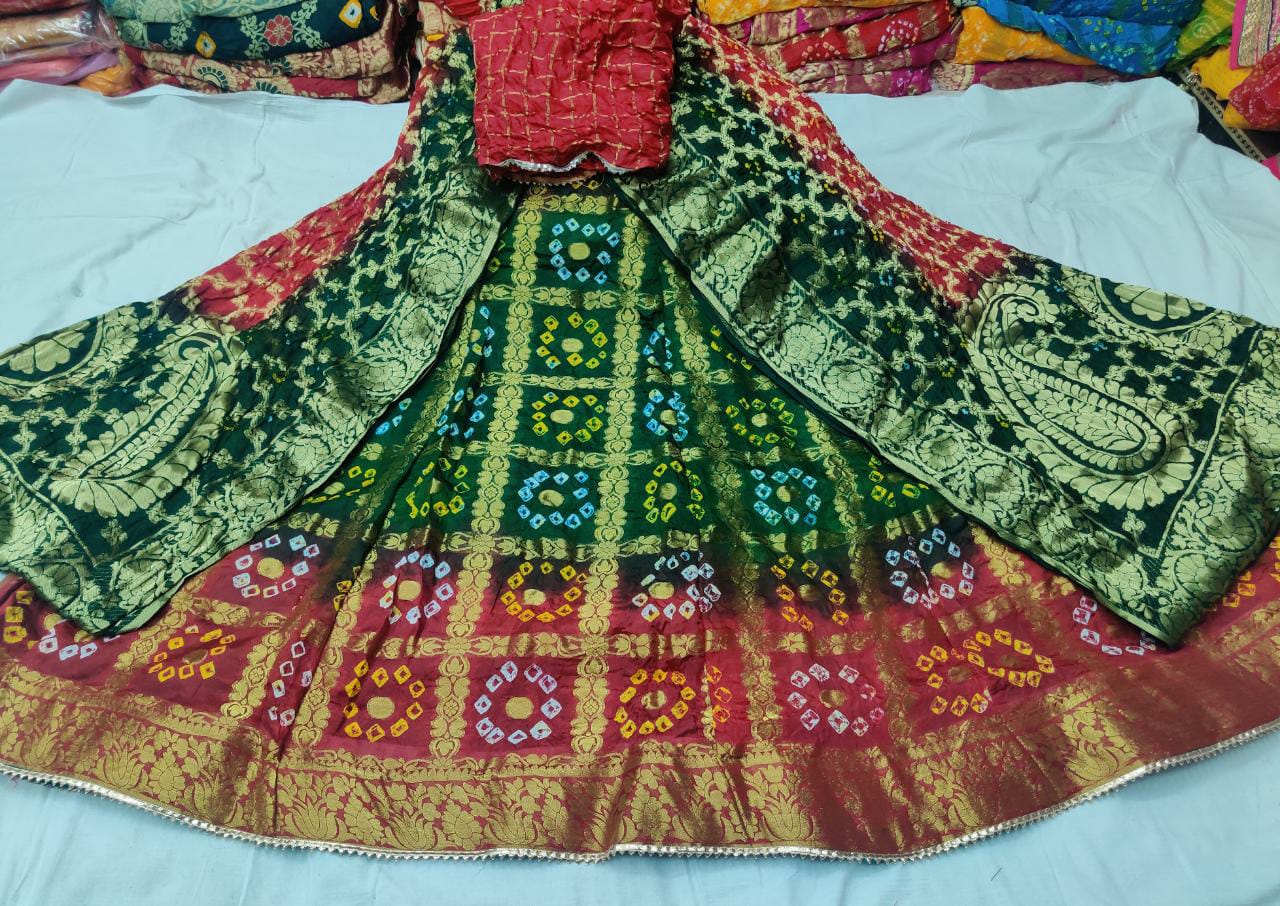 Banarasi Gharchola Silk Lehenga Set with Bandhani Design, Zari Blouse, and Dupatta – Stitched with Touch Aster