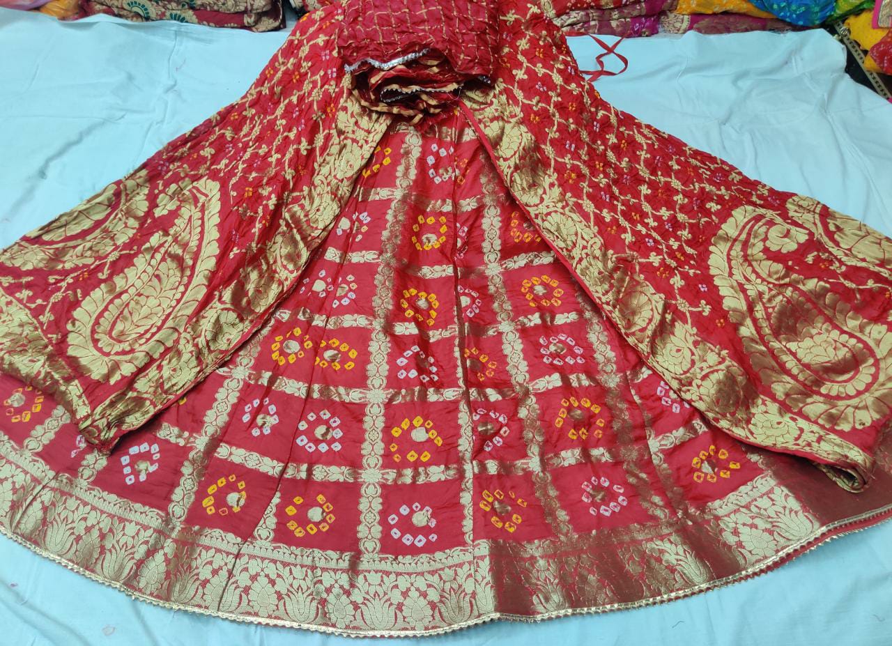 Banarasi Gharchola Silk Lehenga Set with Bandhani Design, Zari Blouse, and Dupatta – Stitched with Touch Aster