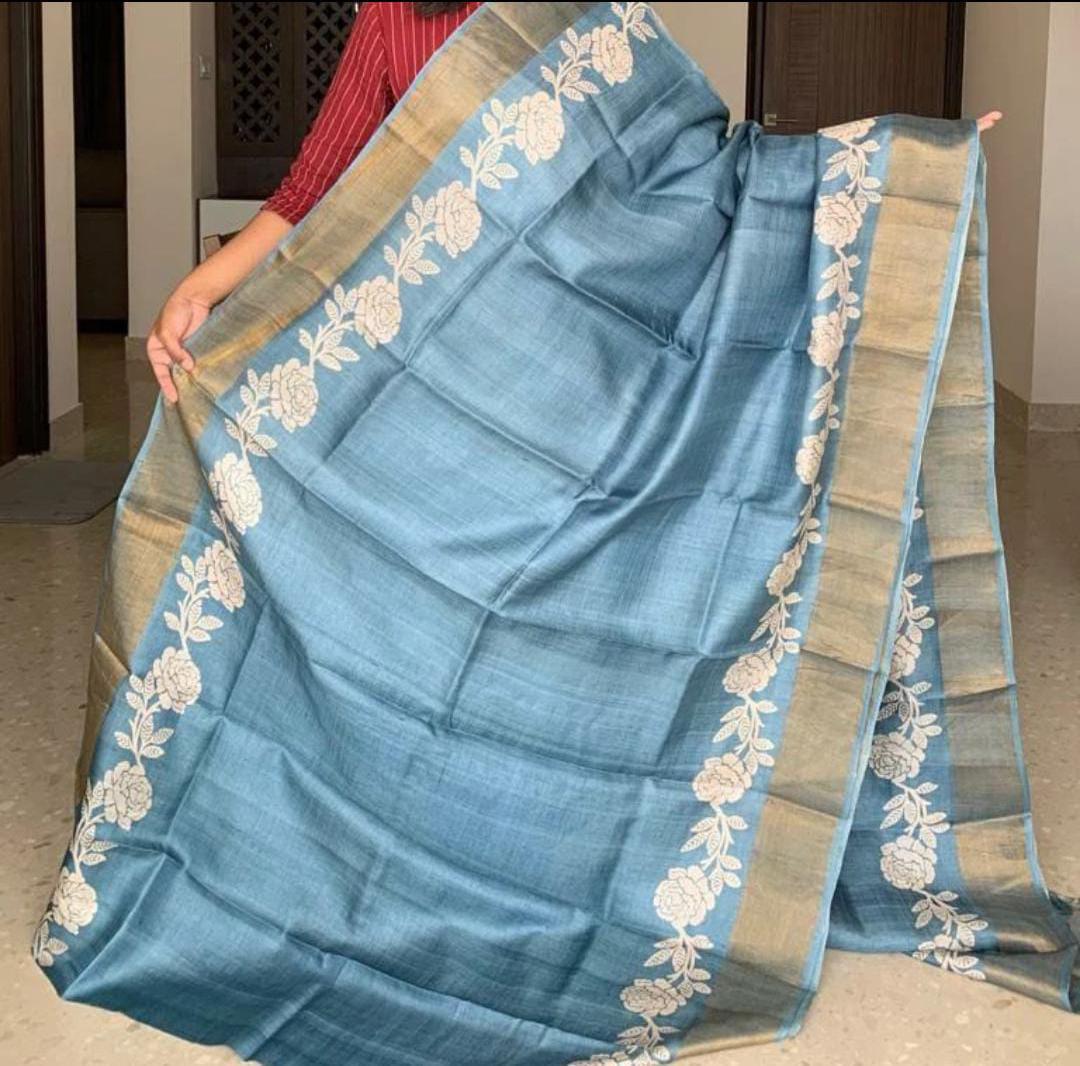 Handloom Bhagalpuri Tussar Saree with Panel Design | Gold Borders, Pallu, and Blouse