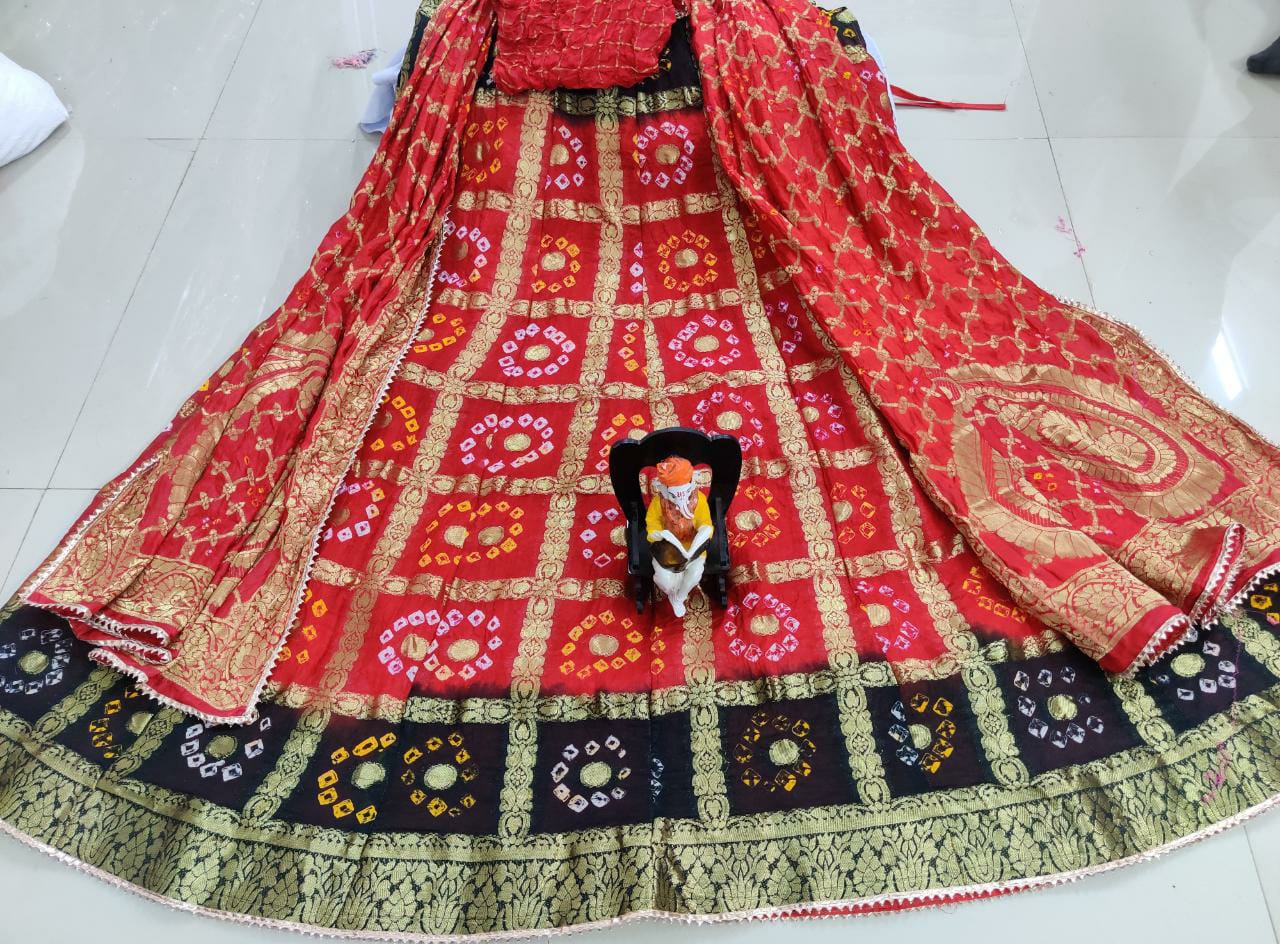 Banarasi Gharchola Silk Lehenga Set with Bandhani Design, Zari Blouse, and Dupatta – Stitched with Touch Aster