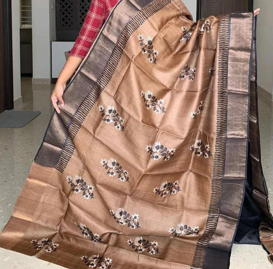 Handloom Bhagalpuri Tussar Saree with Panel Design | Gold Borders, Pallu, and Blouse