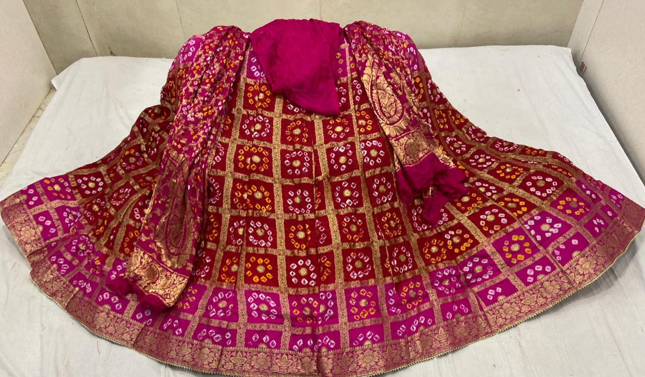 Banarasi Gharchola Silk Lehenga Set with Bandhani Design, Zari Blouse, and Dupatta – Stitched with Touch Aster