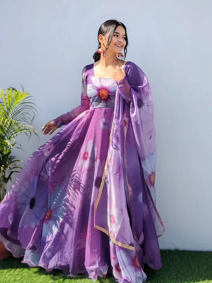 Purple Tubby Organza 2-Piece (Gown & Dupatta) Set with Picko Detailing