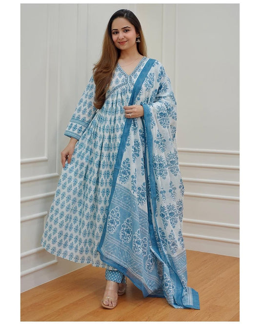 Anarkali Kurti, Pant, and Dupatta Set in 60x60 Cotton Fabric