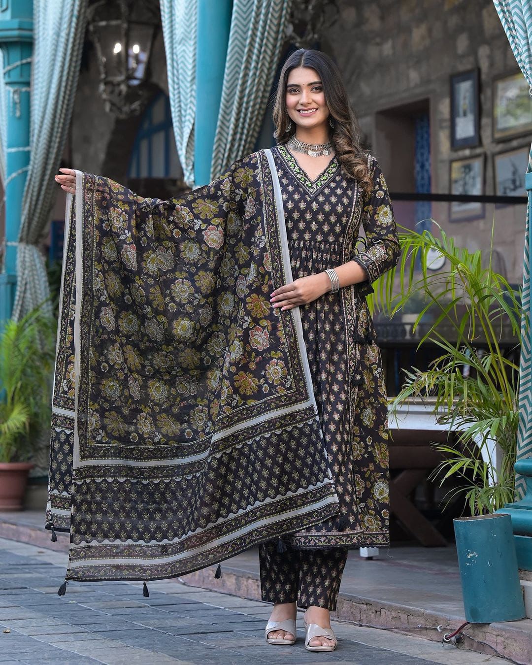 Floral Cotton Suit Set with Embroidery, Side Tassels, and Dabu Print