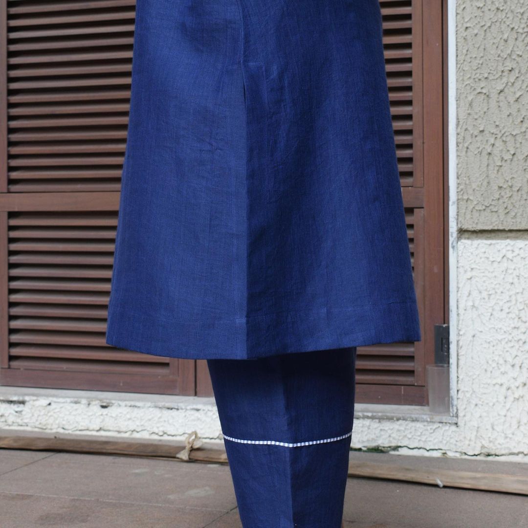 Blue Cotton Kurta Pant Set with Lace Work