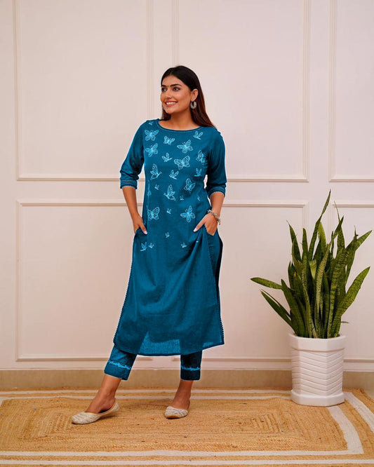 Teal Blue Butterfly Embroidery Kurti Set with Lace Detailing